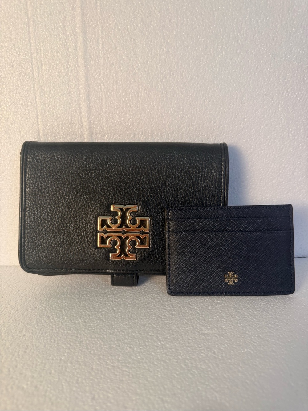 Tory Burch Black Leather Wallet with Gold Logo & Matching Card Holder